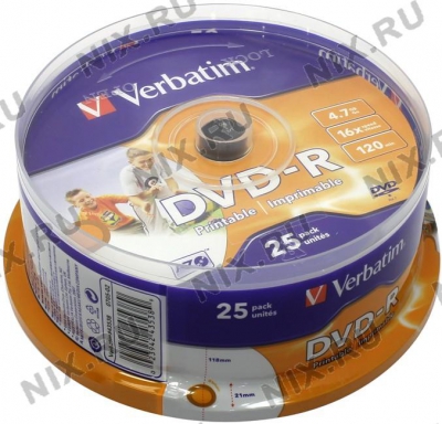 DVD-R Disc Verbatim   4.7Gb  16x  <. 25 >  ,  printable  <43538>  